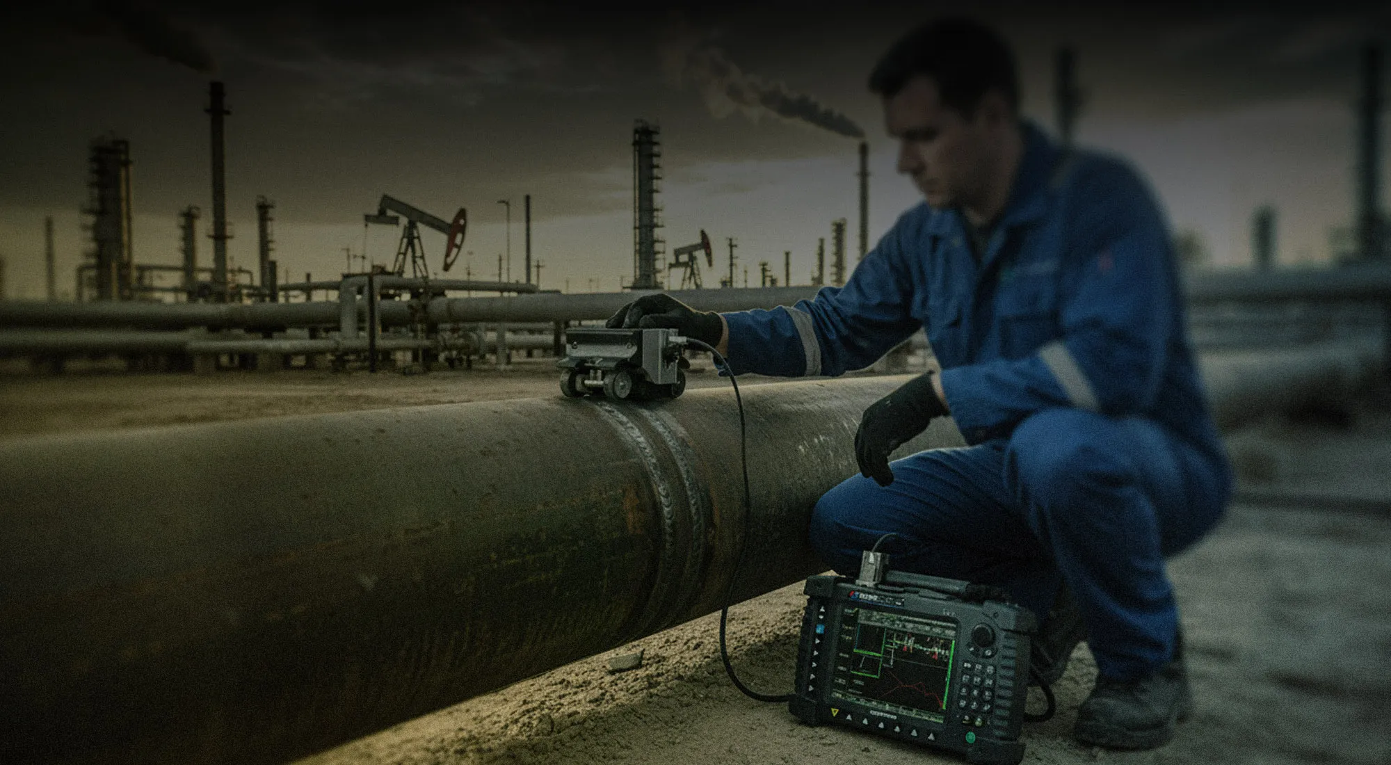 Tecnico CND esegue controllo su saldatura industriale